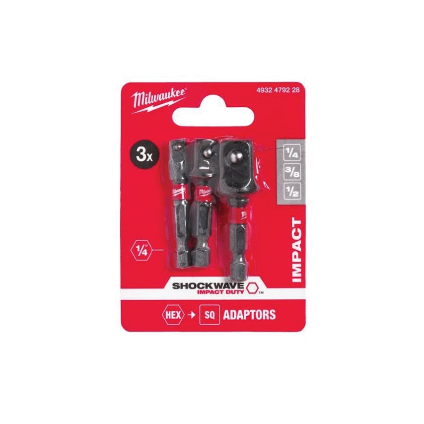 1/4"HEX Shockwave Adapter Set to 1/4, 3/8 & 1/2" Sq (3PC)
