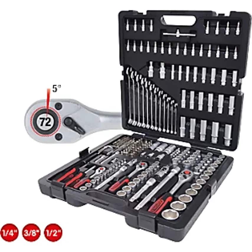1/4'' + 3/8'' + 1/2'' Socket Set, 216 Parts, Chrome Plated Matt Satin Finish