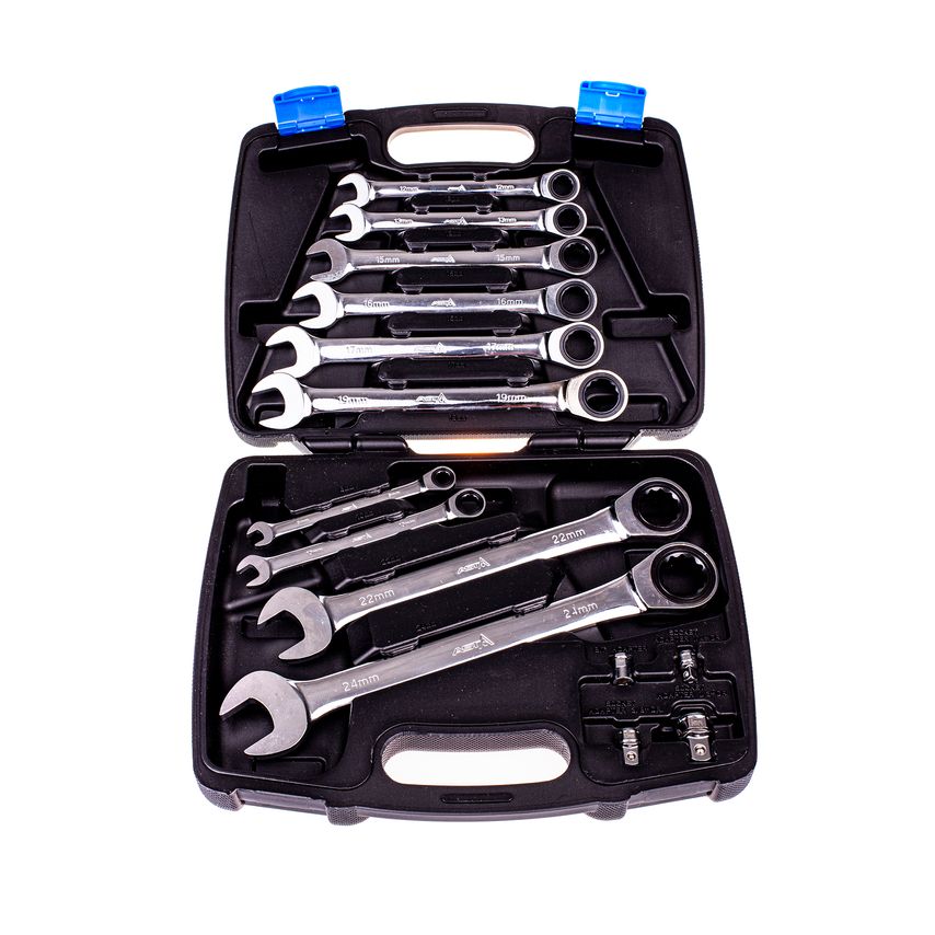 14pc Ratchet Ring Combination Spanner Set 8-24 mm with Adaptors