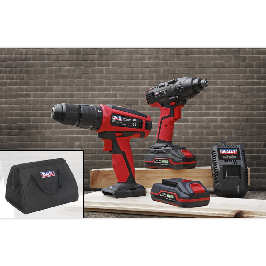 20V Cordless 13MM Hammer Drill/1/4" Hex Drive Impact Driver Combo Kit