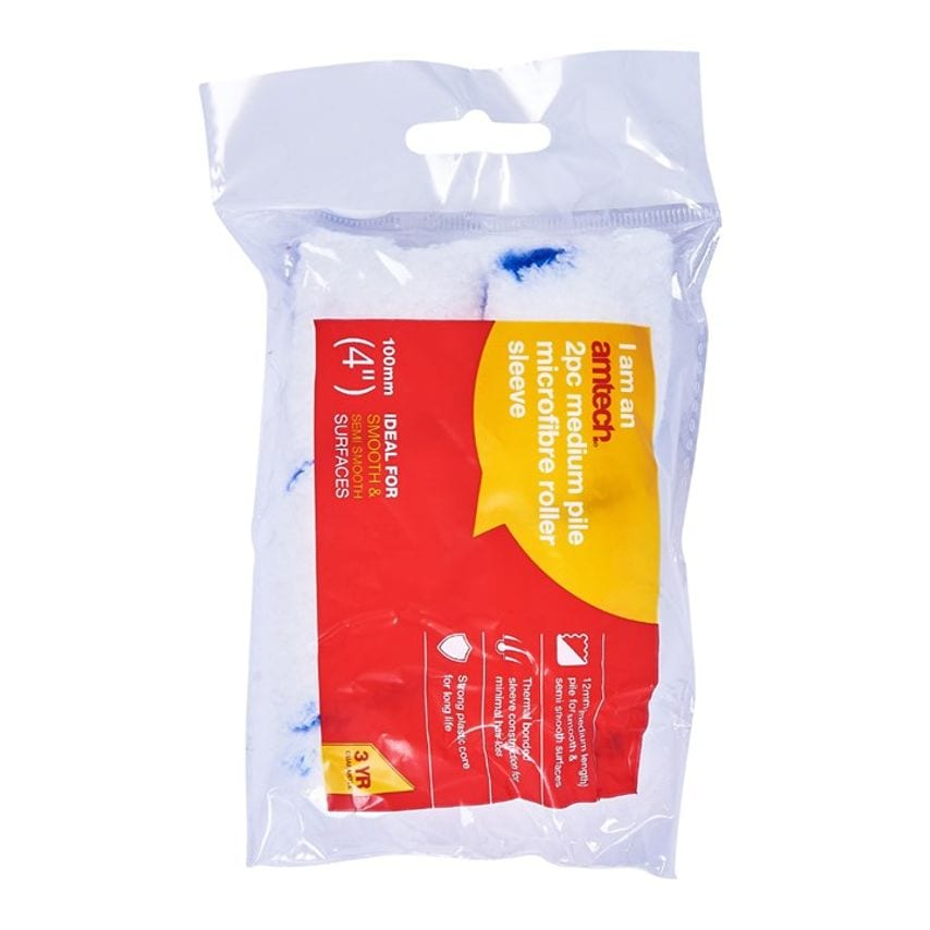 2 Piece 100mm (4") Medium Pile (12mm) Roller Sleeve - Micro-Fibre