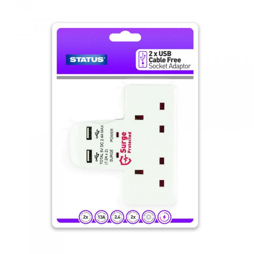 2 Way White Cable-Free White Extension Plug Socket