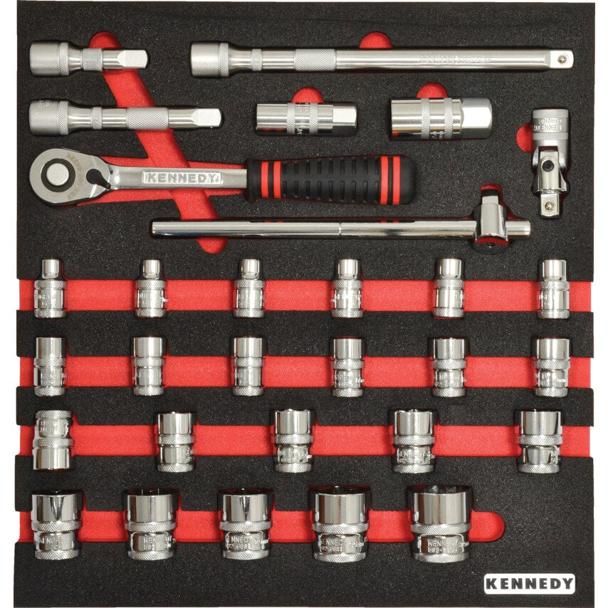 30 Piece Metric Ken-Grip 1/2in Square Drive Socket Set in Tool Control 2/3 Width Foam Inlay for Tool Cabinets