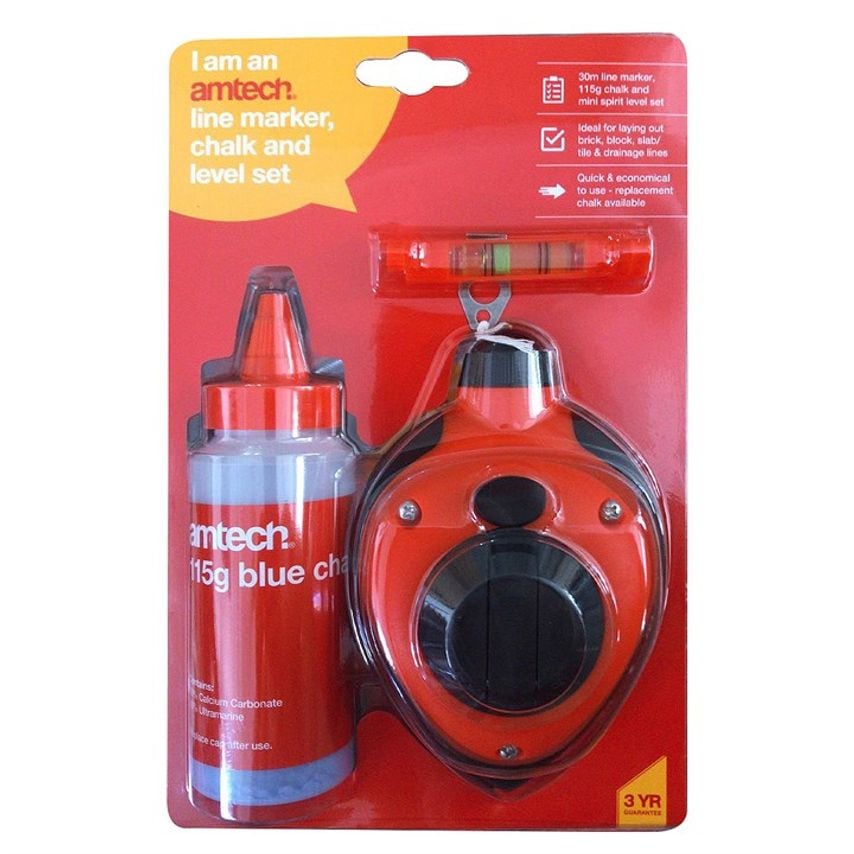 30m (100ft) Line Marker, Chalk and Mini Spirit Level Set