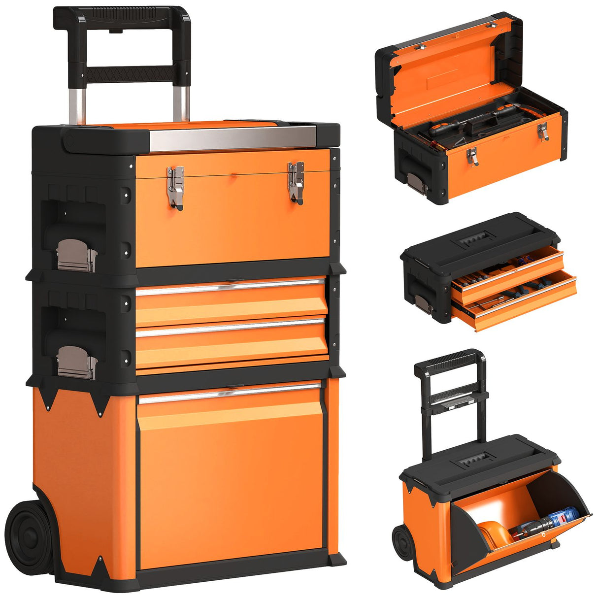 3-Tier Tool Box with Wheels Stackable Steel Toolbox Orange