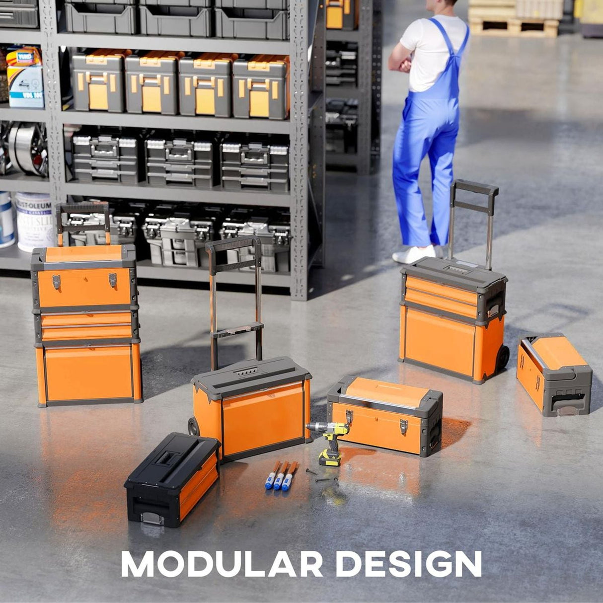 3-Tier Tool Box with Wheels Stackable Steel Toolbox Orange