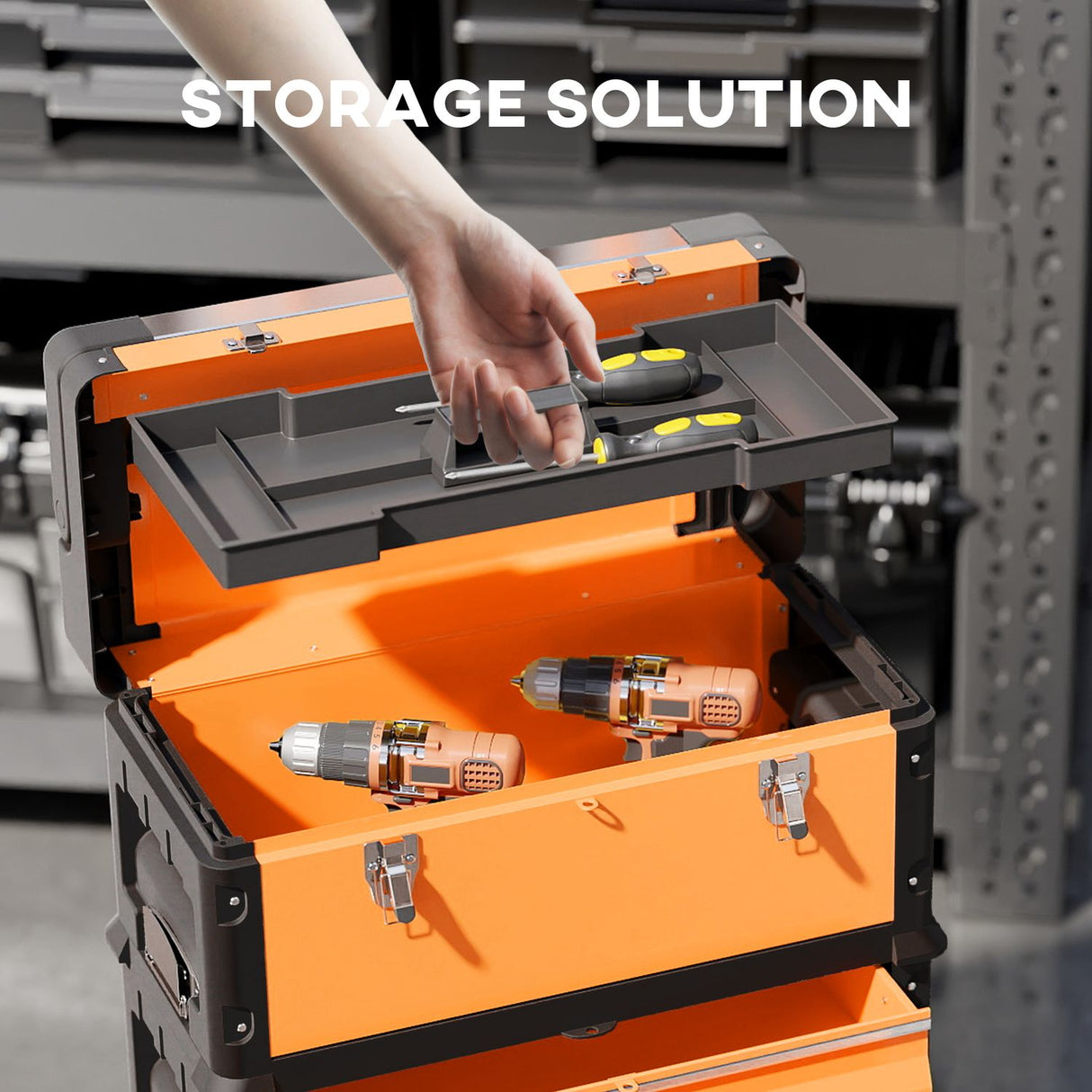 3-Tier Tool Box with Wheels Stackable Steel Toolbox Orange