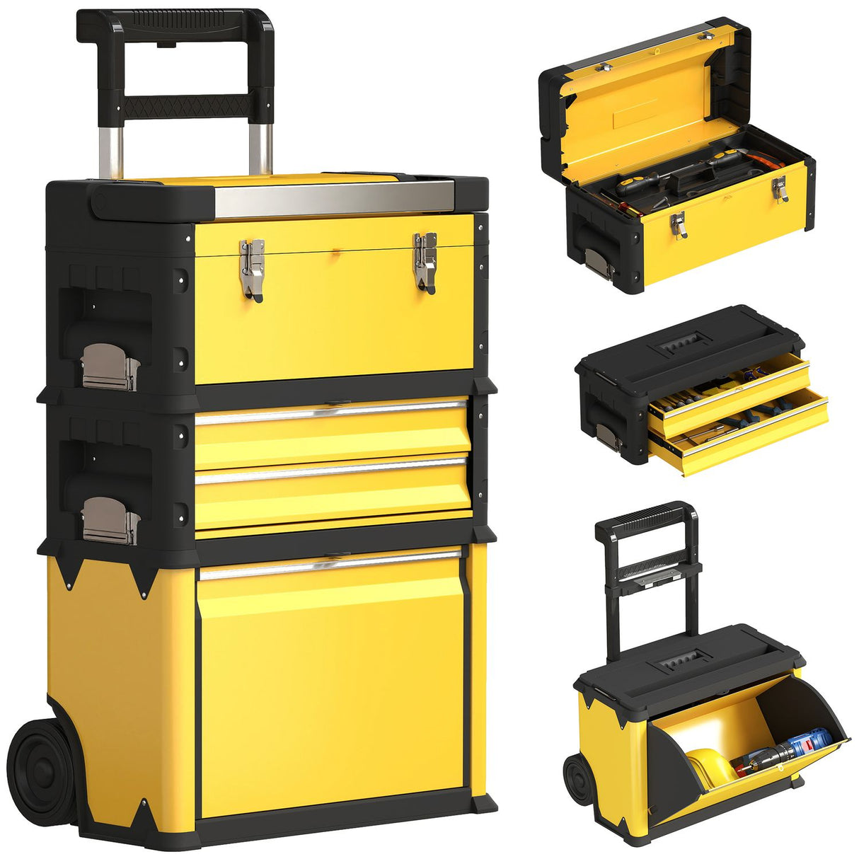 3-Tier Tool Box with Wheels Stackable Steel Toolbox Yellow