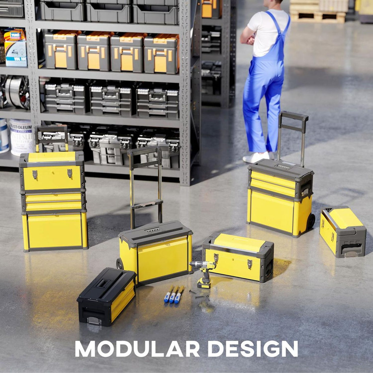 3-Tier Tool Box with Wheels Stackable Steel Toolbox Yellow