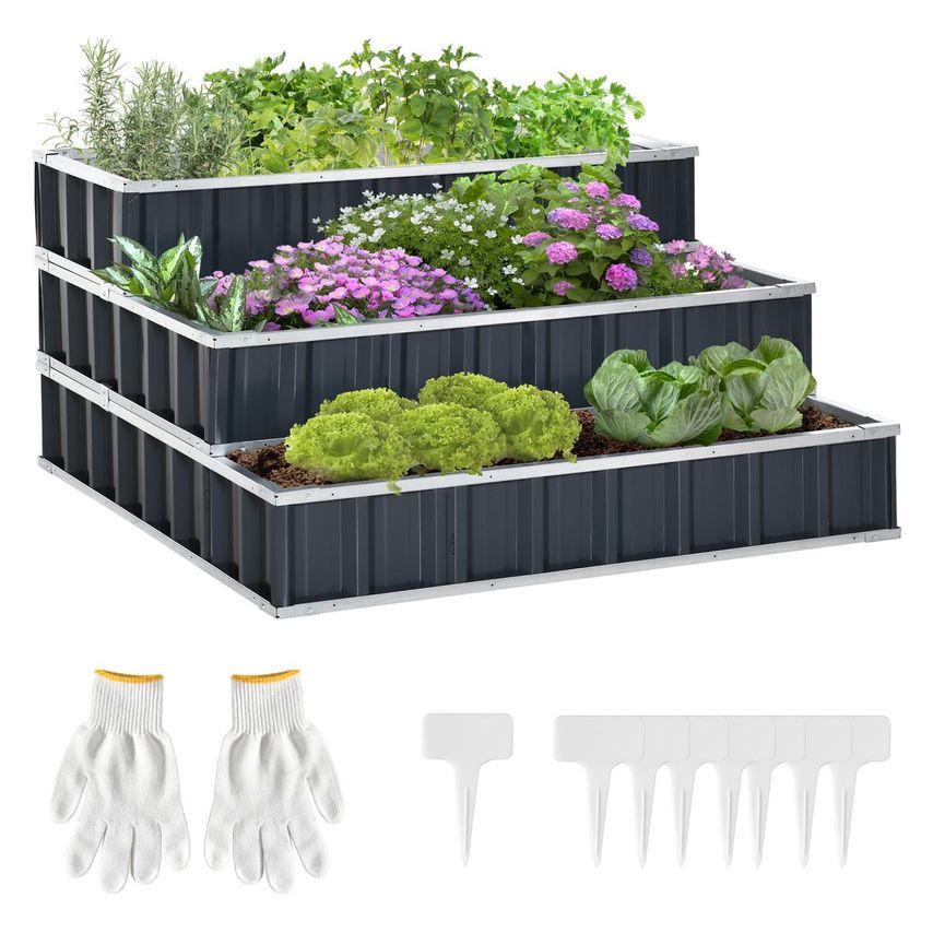 3 Tier Raised Garden Bed, Metal Elevated Planer Box w/Gloves, Easy Assembly