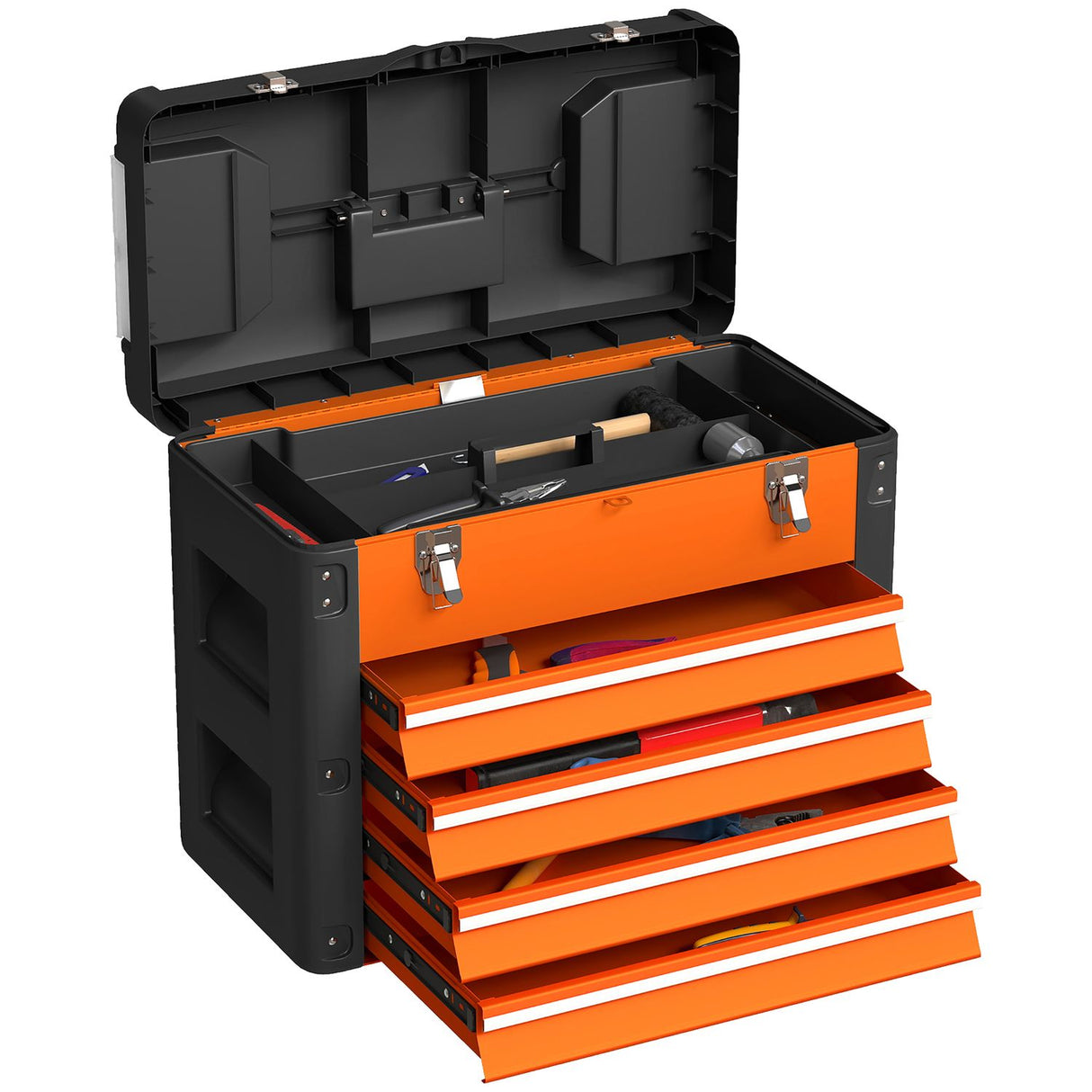 4 Drawers Large Tool Box, Steel Toolbox with Handle - Orange
