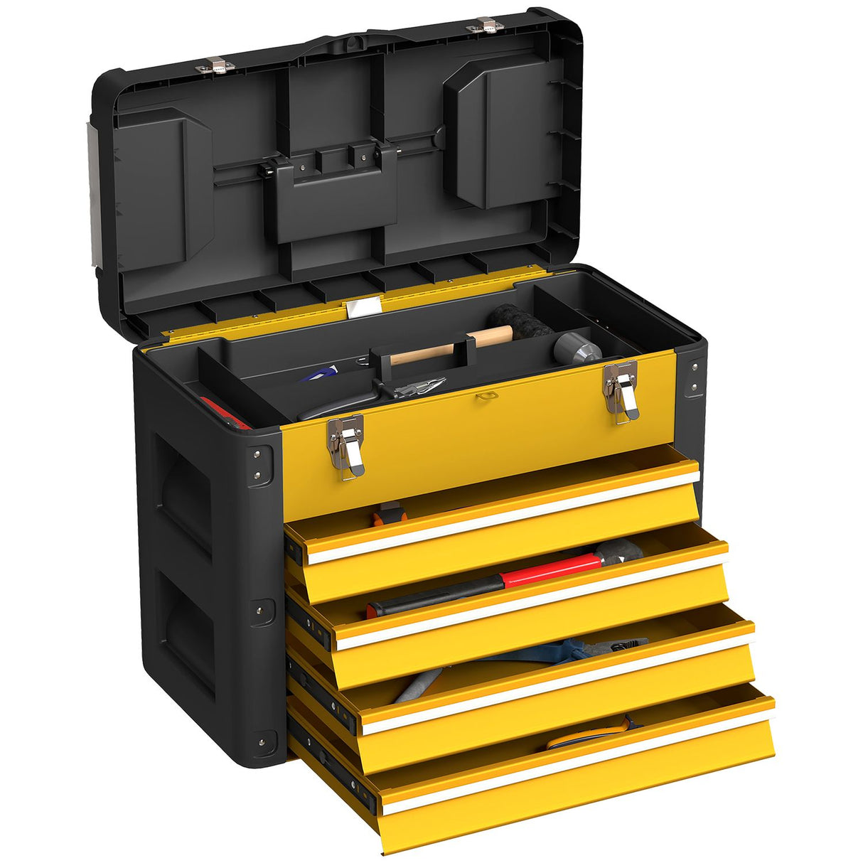 4 Drawers Large Tool Box, Steel Toolbox with Handle - Yellow