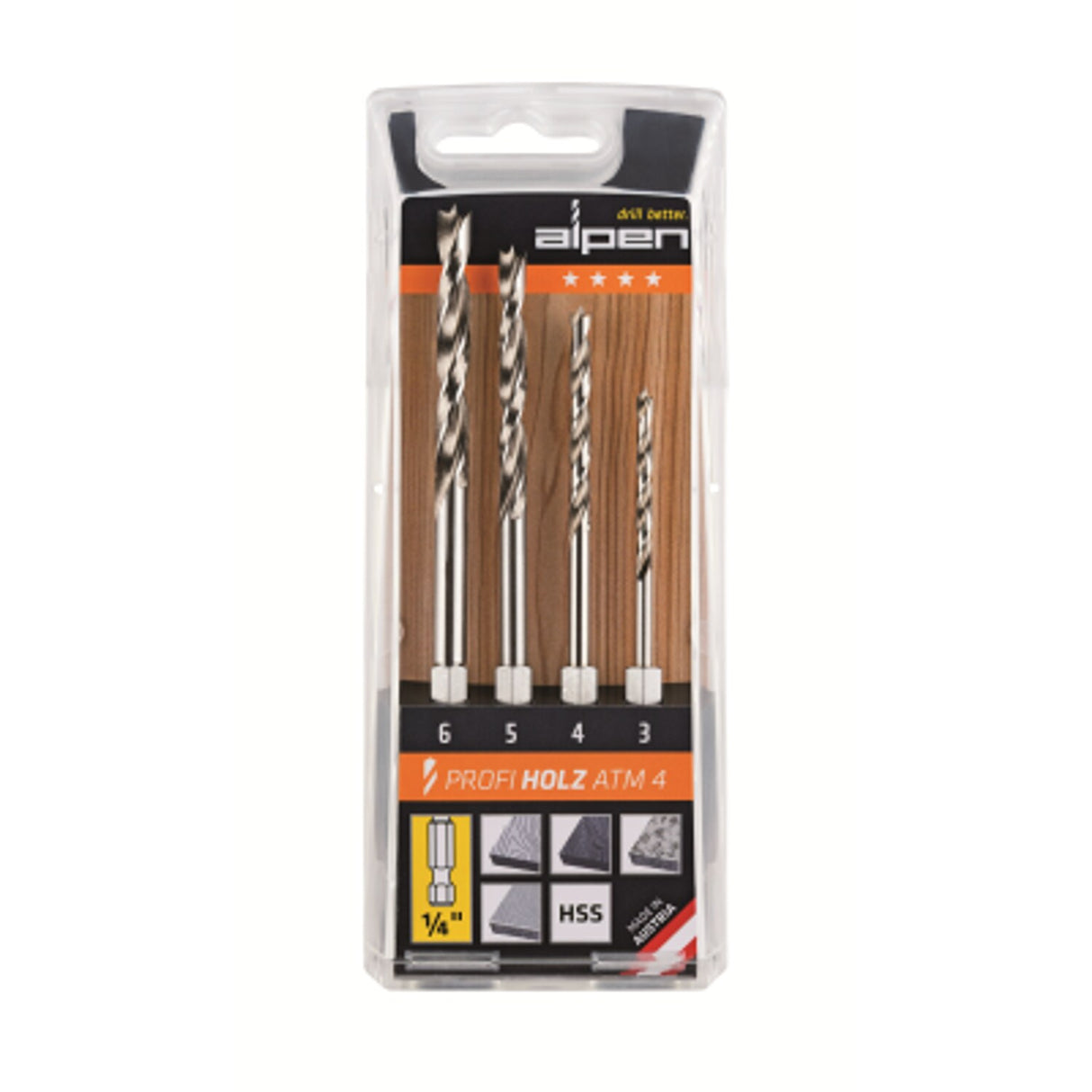 4 Piece Dowell Drill Bit Set with 1/4in Hex Shank