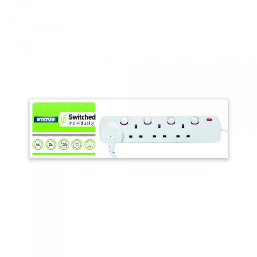 4 Way White Individually Switched Extension Socket. 2 Metre Lead with Plug. Neon Indicator - S4WSS2M1PKB12