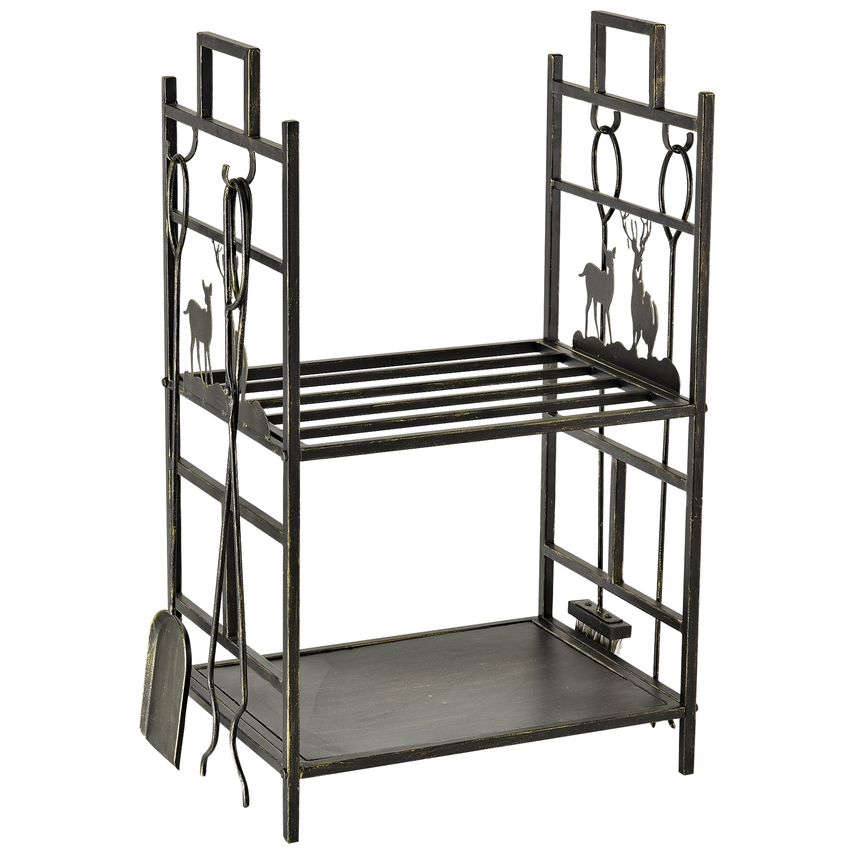 77cm Tall 2-Tier Wrought Iron Fireplace Firewood Holder Basket w/4 Tools