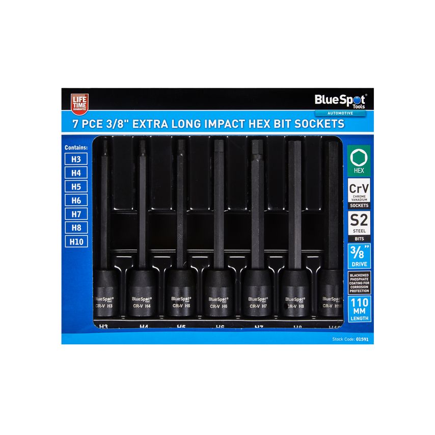 7 Pce 3/8" Extra Long Impact Hex Bit Sockets