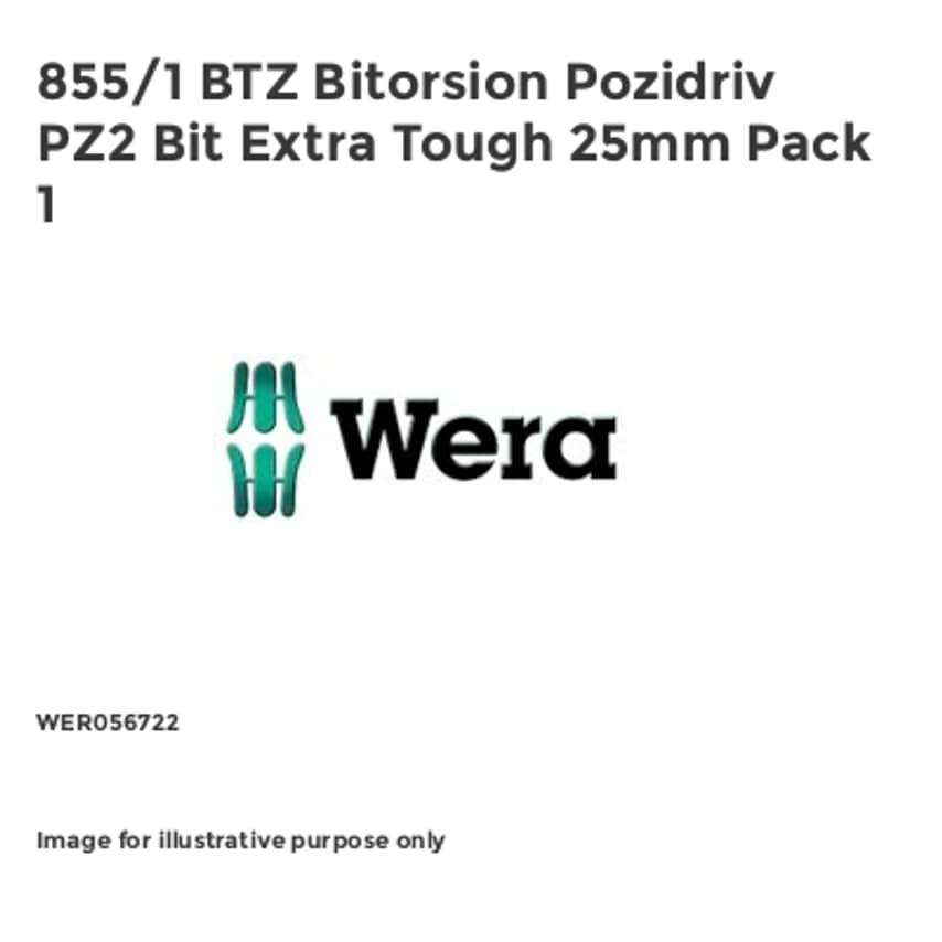 855/1 BTZ Bitorsion Pozidriv PZ2 Bit Extra Tough 25mm Pack 1 WER056722
