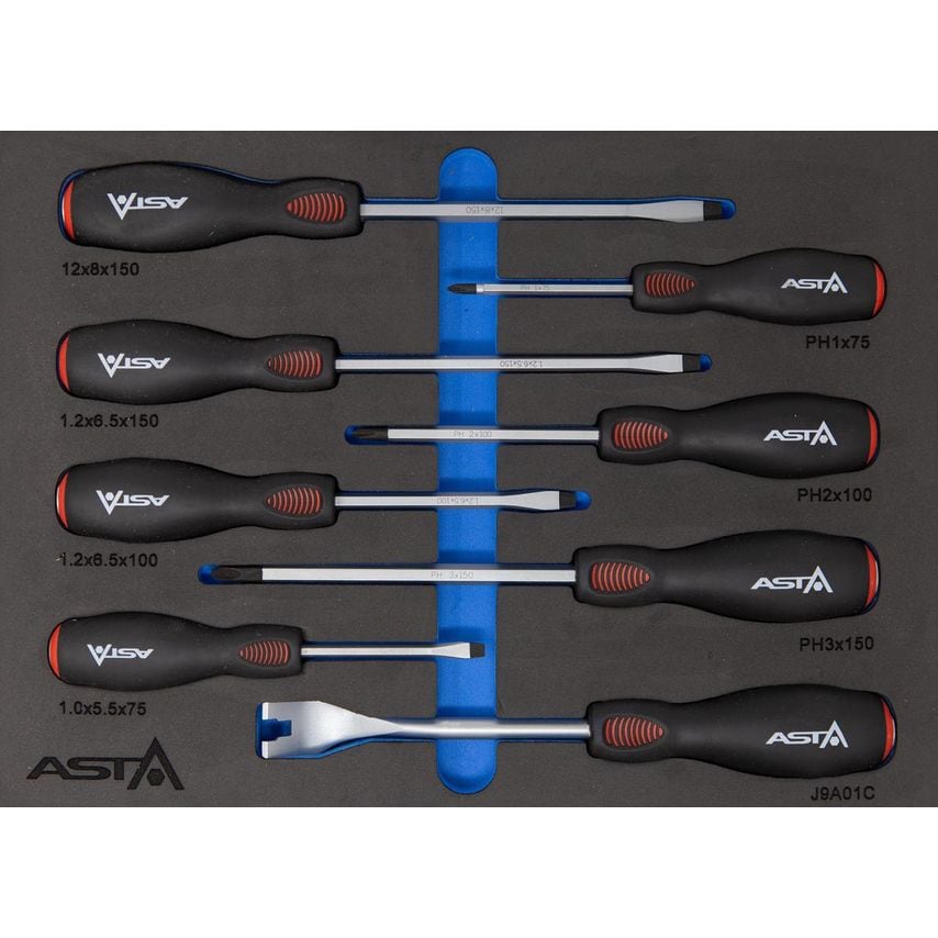 8pc Impact Phillips & Slotted Screwdriver Set & Trim Pin Remover In Foam Insert