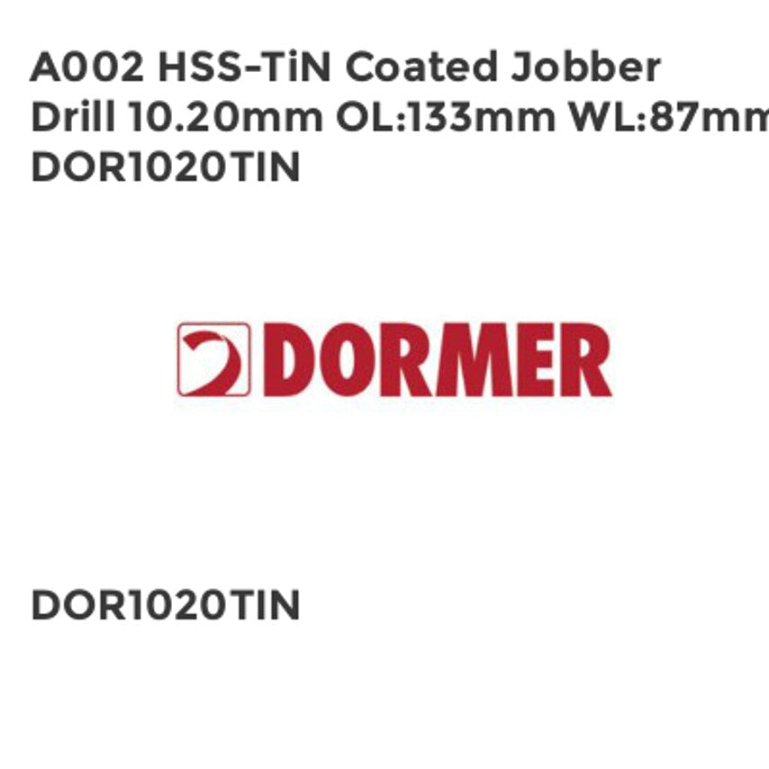 A002 HSS-TiN Coated Jobber Drill 10.20mm OL133mm WL87mm DOR1020TIN