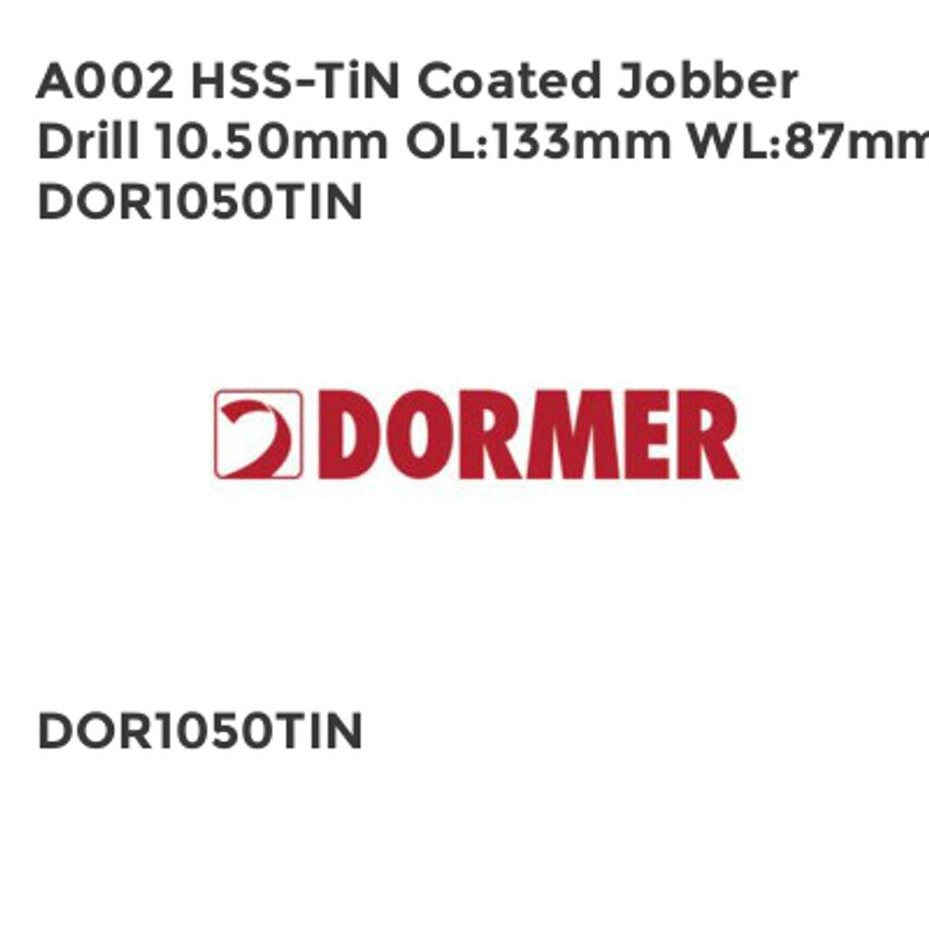 A002 HSS-TiN Coated Jobber Drill 10.50mm OL133mm WL87mm DOR1050TIN
