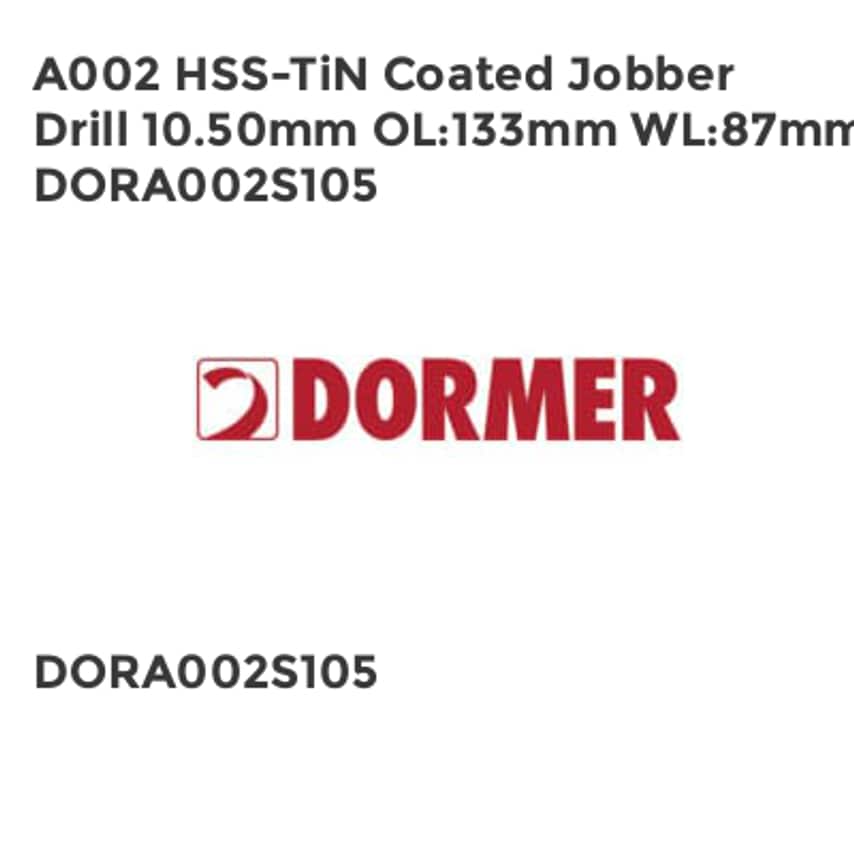 A002 HSS-TiN Coated Jobber Drill 10.50mm OL133mm WL87mm DORA002S105