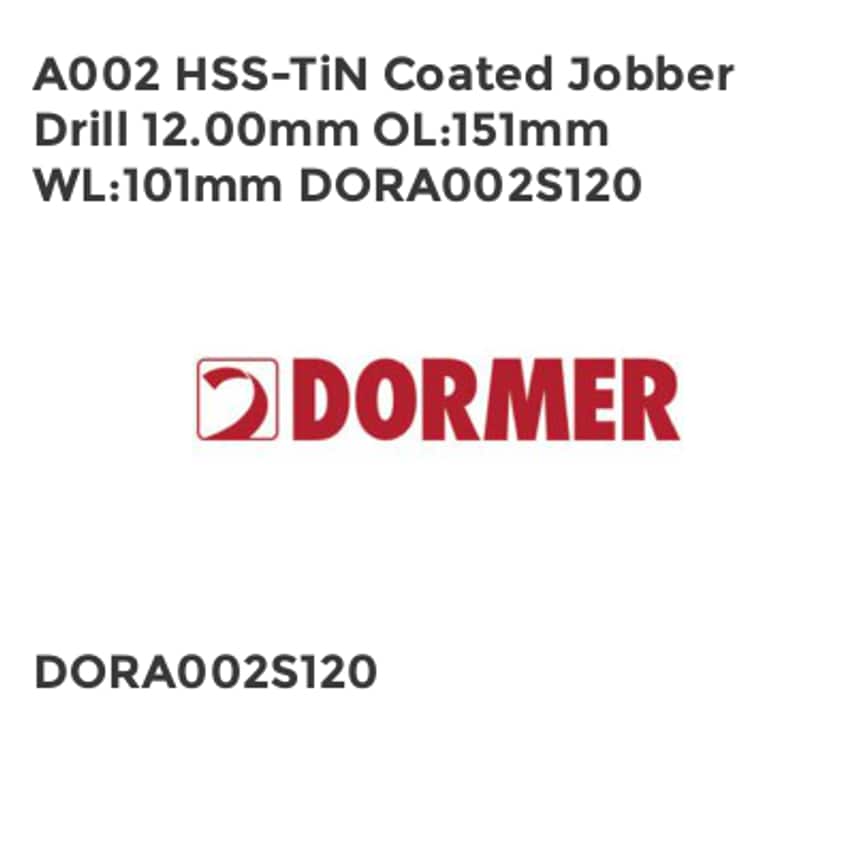 A002 HSS-TiN Coated Jobber Drill 12.00mm OL151mm WL101mm DORA002S120