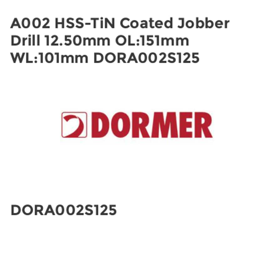 A002 HSS-TiN Coated Jobber Drill 12.50mm OL151mm WL101mm DORA002S125