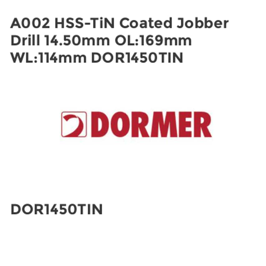 A002 HSS-TiN Coated Jobber Drill 14.50mm OL169mm WL114mm DOR1450TIN