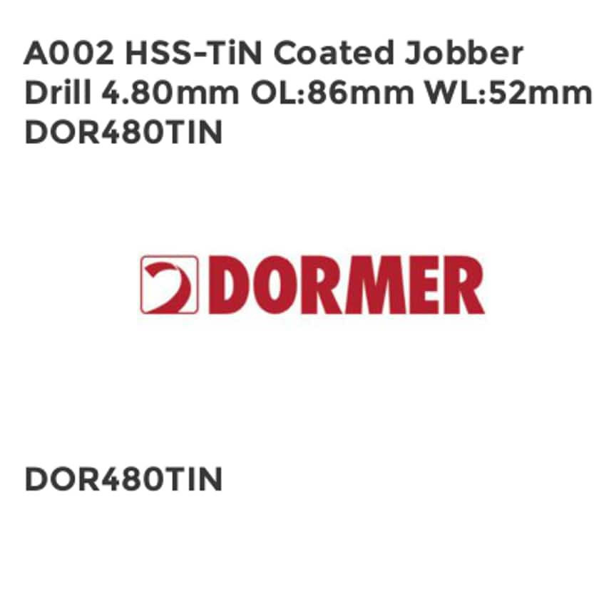 A002 HSS-TiN Coated Jobber Drill 4.80mm OL86mm WL52mm DOR480TIN