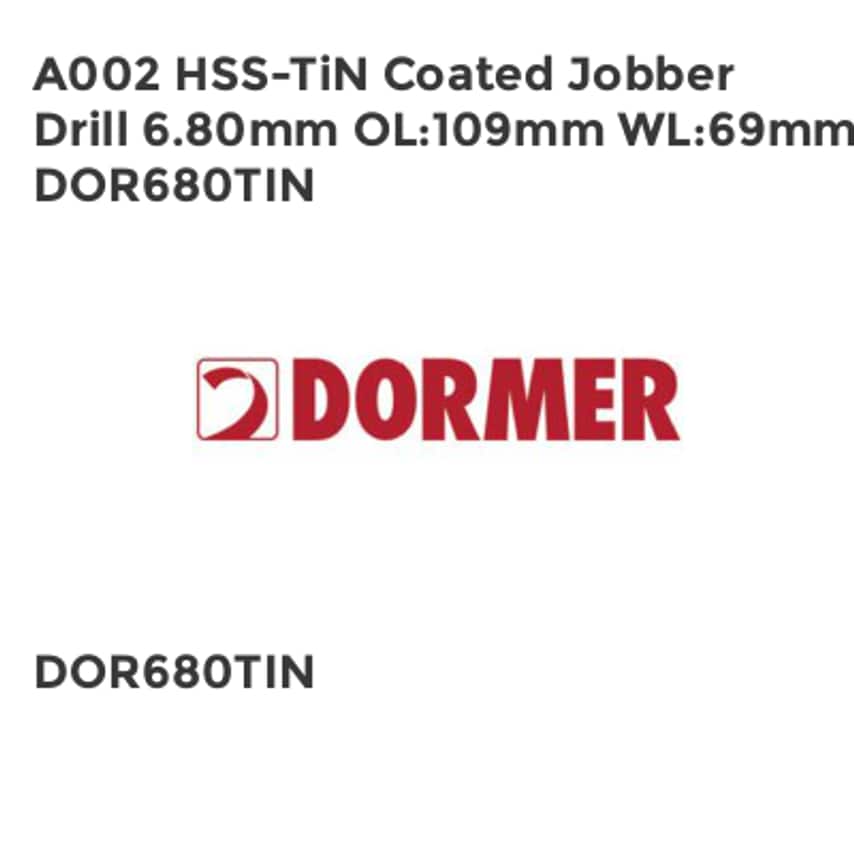 A002 HSS-TiN Coated Jobber Drill 6.80mm OL109mm WL69mm DOR680TIN