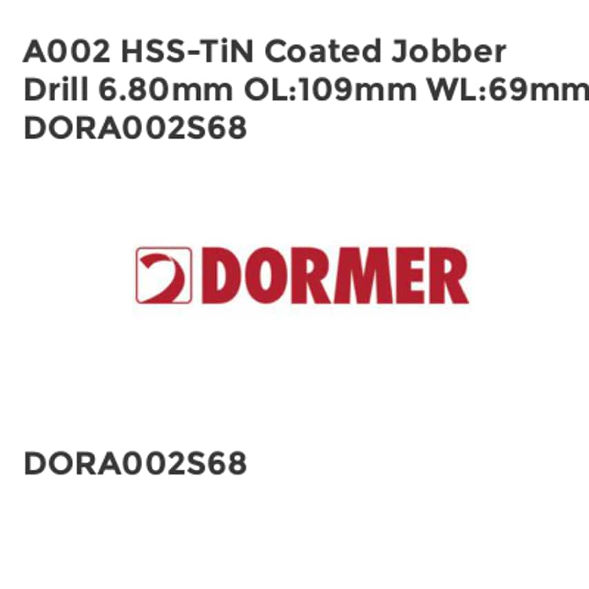 A002 HSS-TiN Coated Jobber Drill 6.80mm OL109mm WL69mm DORA002S68