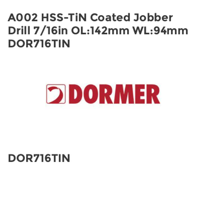 A002 HSS-TiN Coated Jobber Drill 7/16in OL142mm WL94mm DOR716TIN
