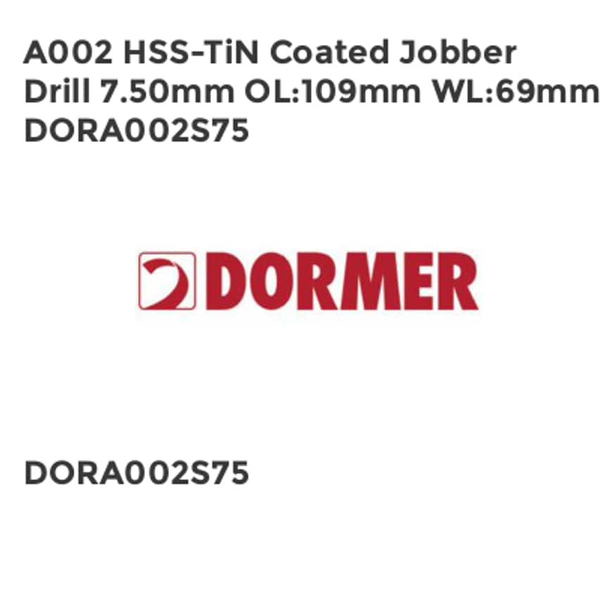 A002 HSS-TiN Coated Jobber Drill 7.50mm OL109mm WL69mm DORA002S75