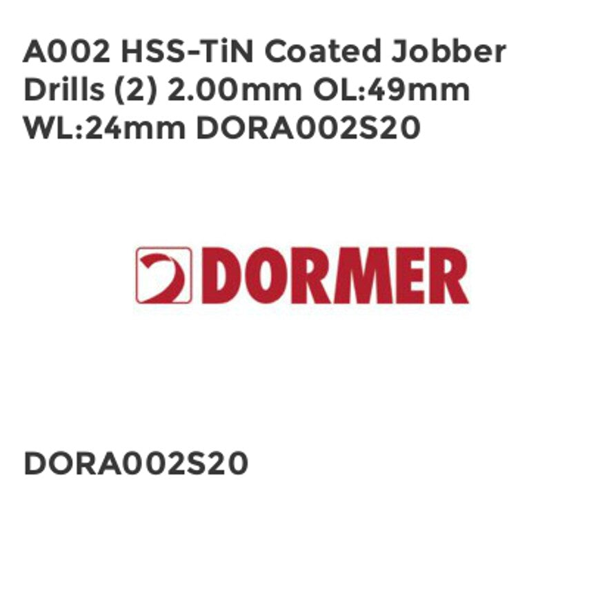 A002 HSS-TiN Coated Jobber Drills (2) 2.00mm OL49mm WL24mm DORA002S20