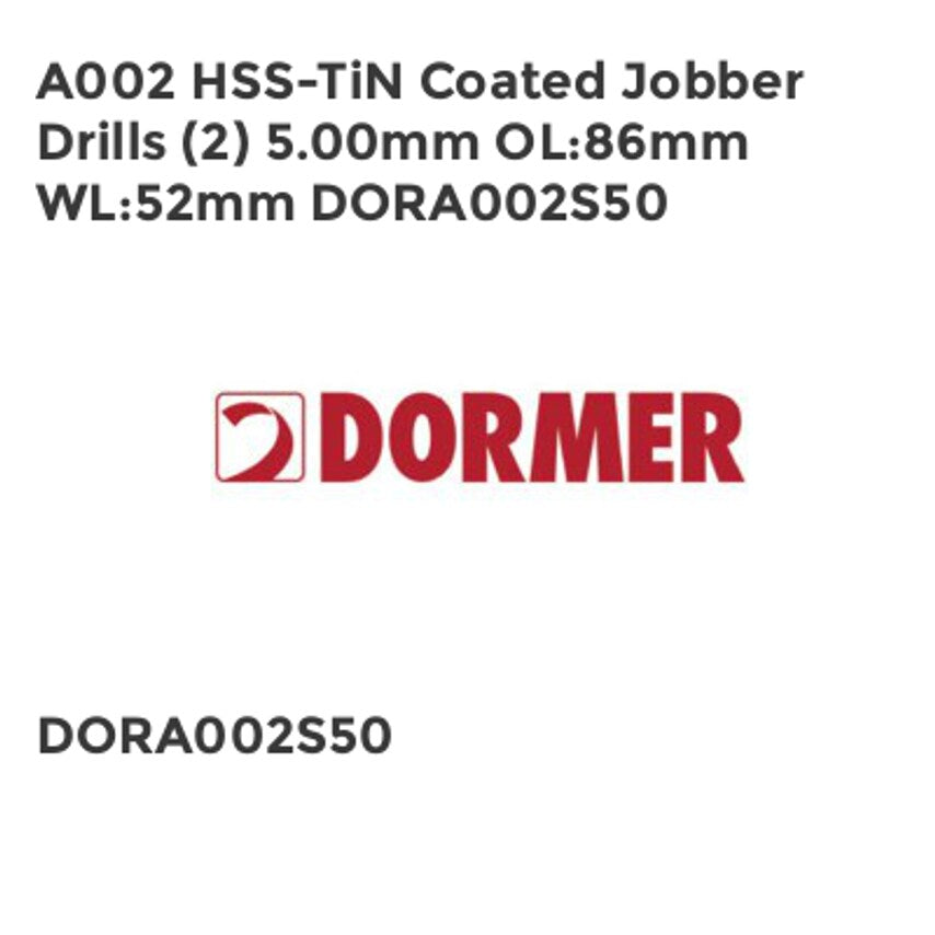 A002 HSS-TiN Coated Jobber Drills (2) 5.00mm OL86mm WL52mm DORA002S50
