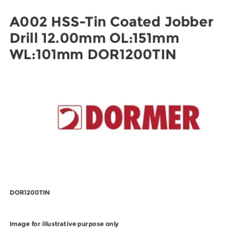 A002 HSS-Tin Coated Jobber Drill 12.00mm OL:151mm WL:101mm DOR1200TIN