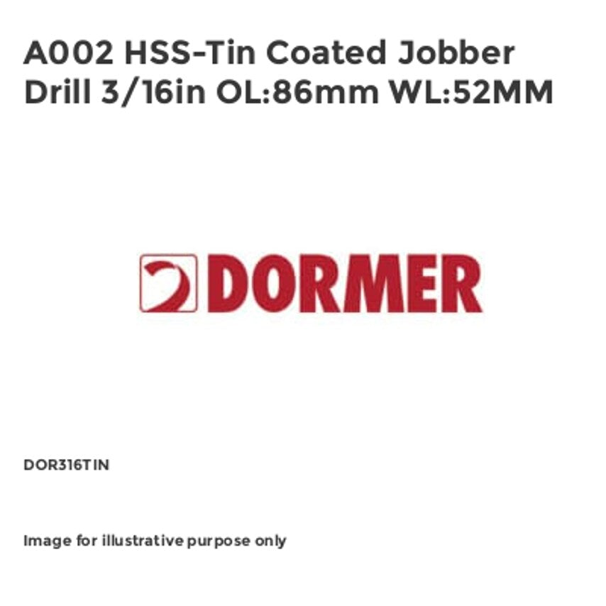 A002 HSS-Tin Coated Jobber Drill 3/16in OL:86mm WL:52MM DOR316TIN