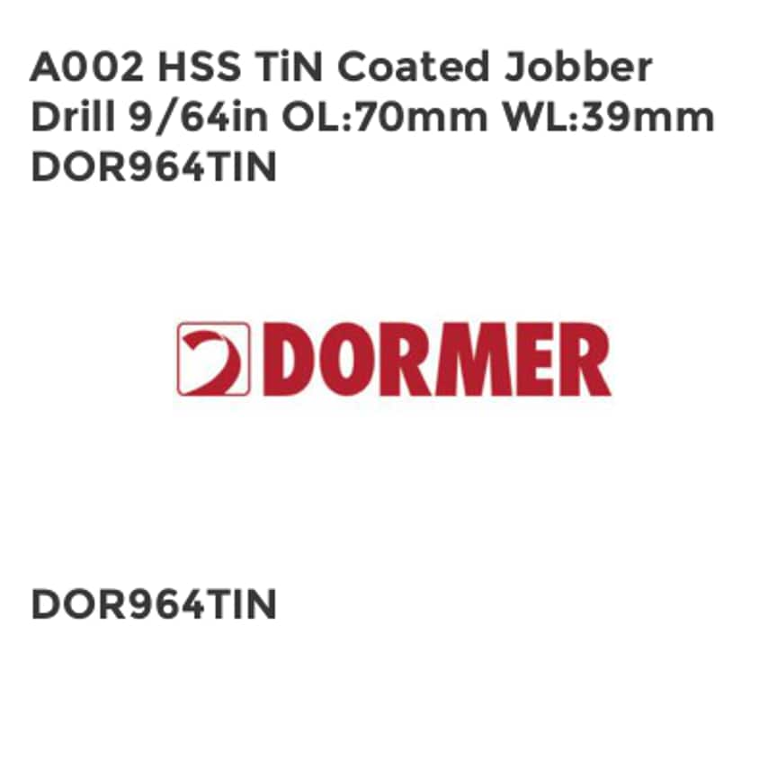 A002 HSS TiN Coated Jobber Drill 9/64in OL70mm WL39mm DOR964TIN