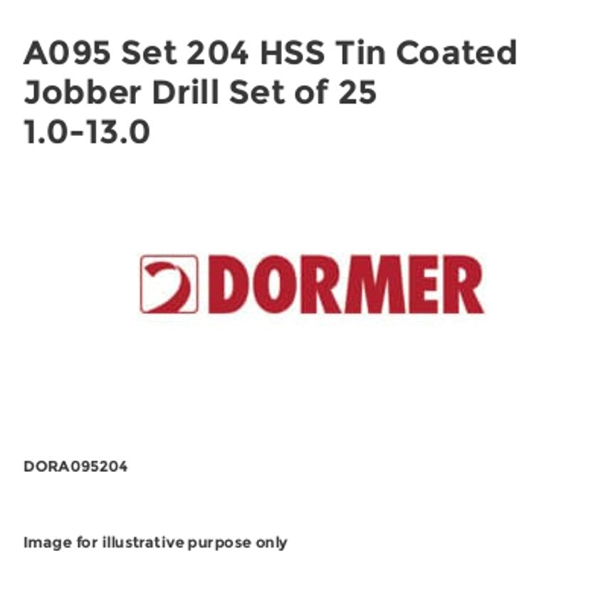 A095 Set 204 HSS Tin Coated Jobber Drill Set of 25 1.0-13.0 DORA095204