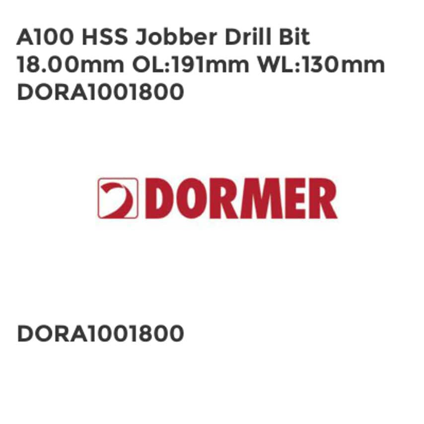 A100 HSS Jobber Drill Bit 18.00mm OL191mm WL130mm DORA1001800