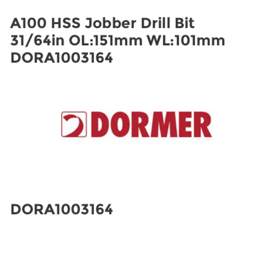 A100 HSS Jobber Drill Bit 31/64in OL151mm WL101mm DORA1003164