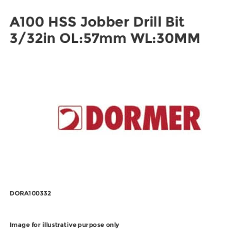 A100 HSS Jobber Drill Bit 3/32in OL:57mm WL:30MM DORA100332