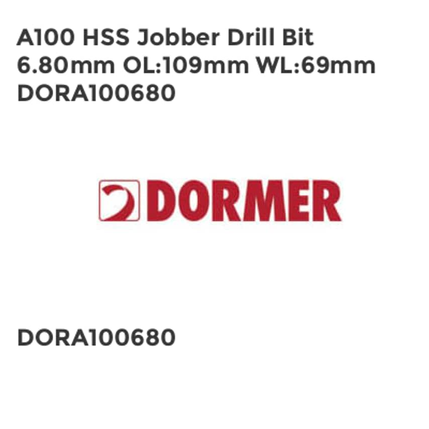 A100 HSS Jobber Drill Bit 6.80mm OL109mm WL69mm DORA100680