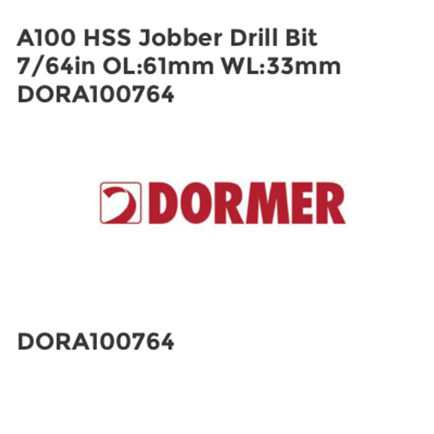 A100 HSS Jobber Drill Bit 7/64in OL61mm WL33mm DORA100764