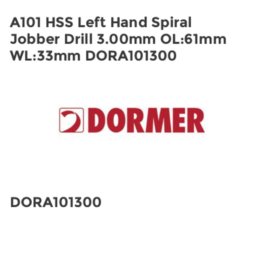 A101 HSS Left Hand Spiral Jobber Drill 3.00mm OL61mm WL33mm DORA101300
