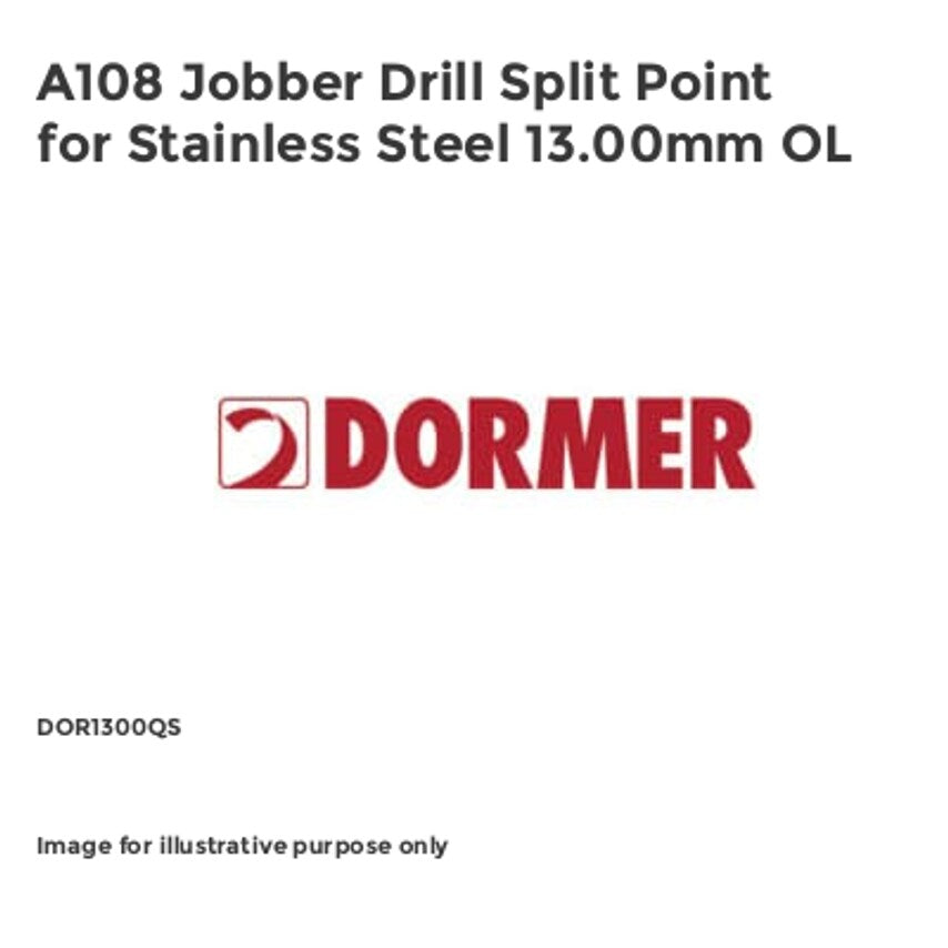 A108 Jobber Drill Split Point for Stainless Steel 13.00mm OL DOR1300QS
