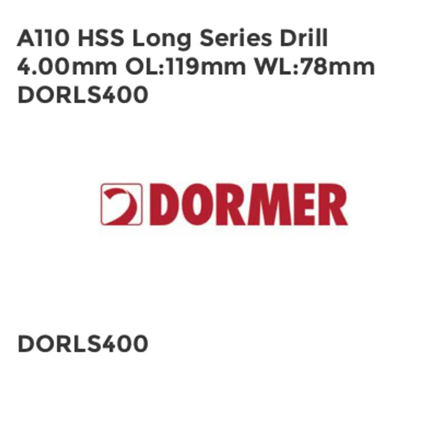A110 HSS Long Series Drill 4.00mm OL119mm WL78mm DORLS400