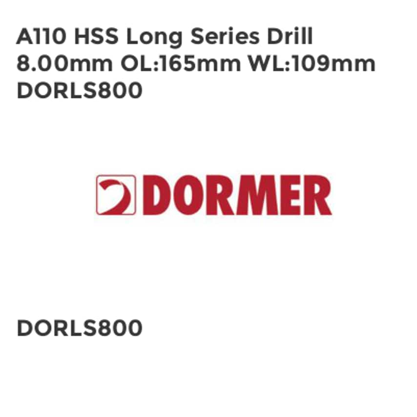 A110 HSS Long Series Drill 8.00mm OL165mm WL109mm DORLS800