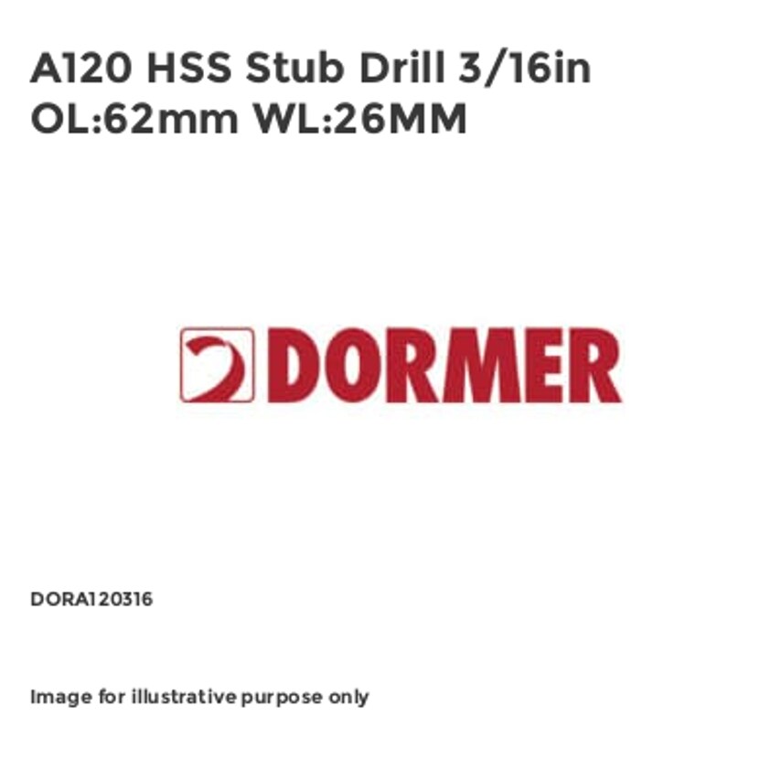 A120 HSS Stub Drill 3/16in OL:62mm WL:26MM DORA120316