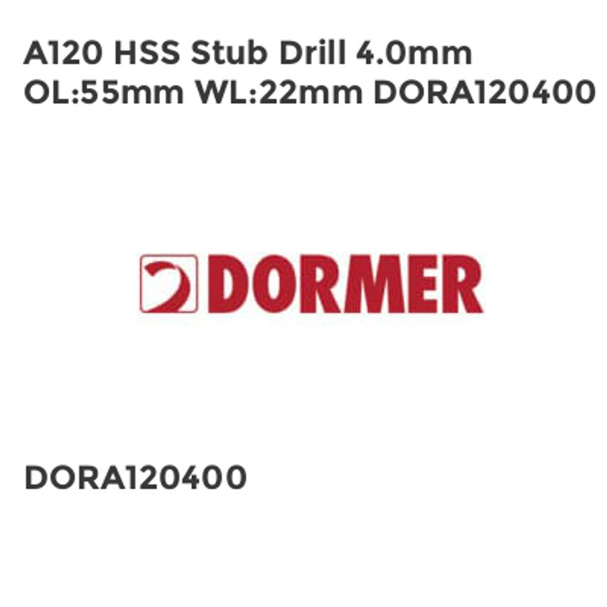 A120 HSS Stub Drill 4.0mm OL55mm WL22mm DORA120400
